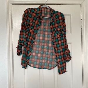 Button down brown, teal, and pink flannel